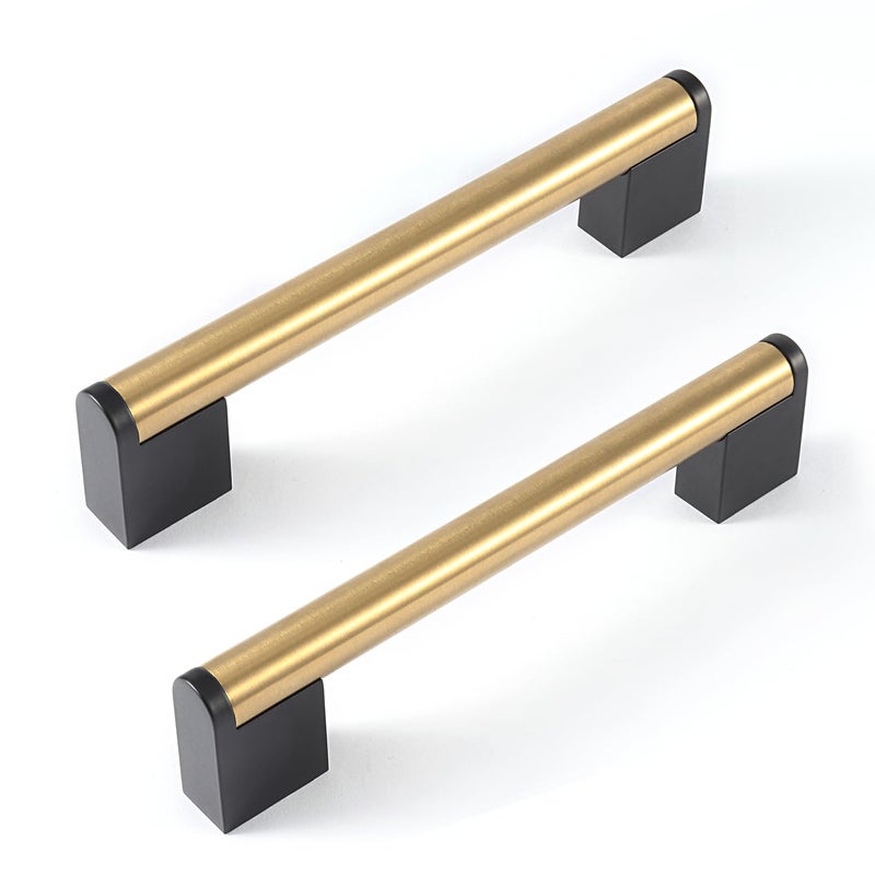 FULGENTE Golden Cabinet Pulls Brushed Brass Handles 5'' Stainless Steel Hardware for Kitchen Bathroom Wardrobe Bedroom Furniture Black Square Base and Rounded Gold Modern Style 5 inch (128mm) 10Pack - Image 1